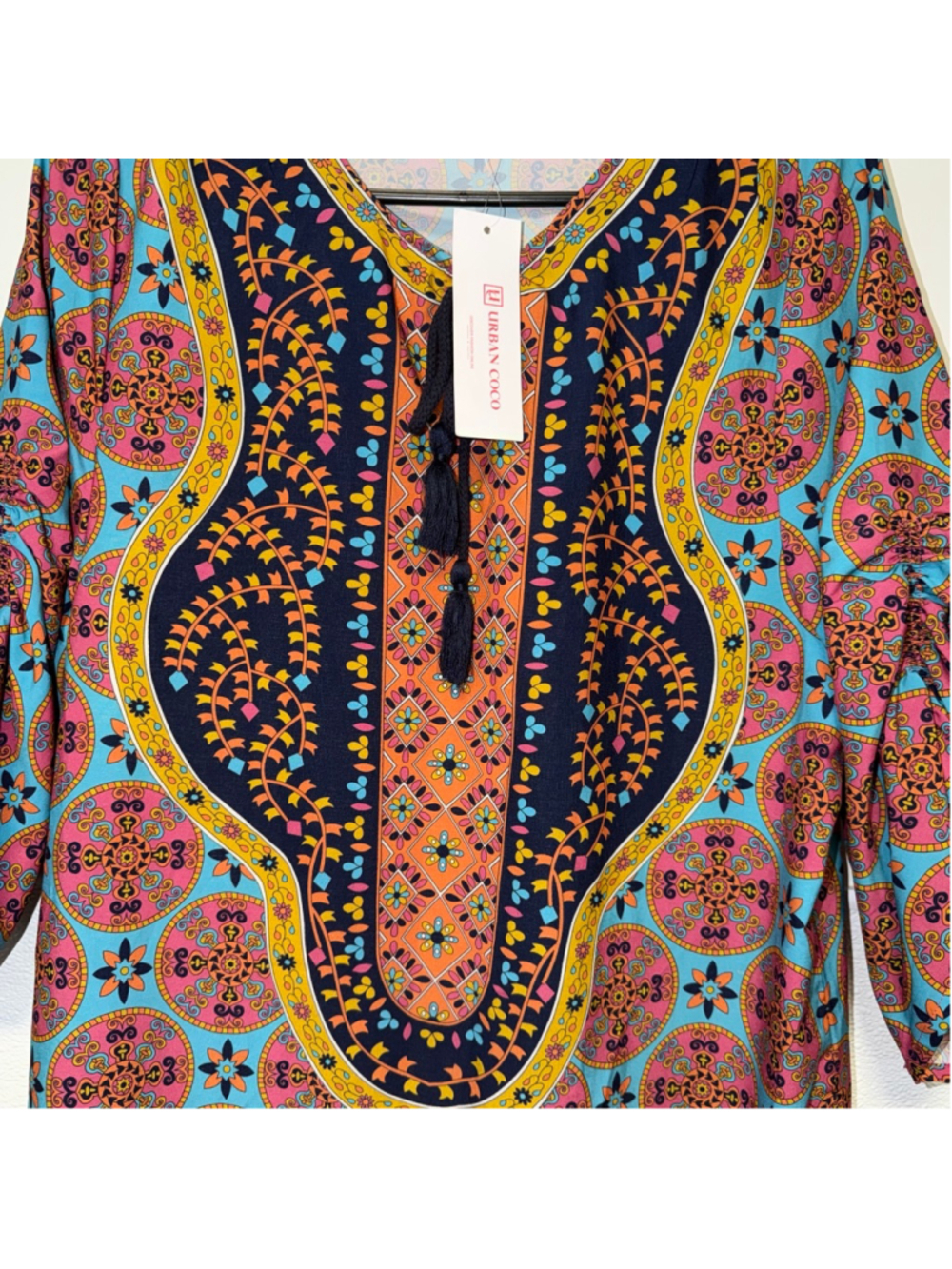 Women's Bohemian Neck Tie Urban Coco Mini Dress L Blue Pink Boho Print New NWT - Picture 14 of 14